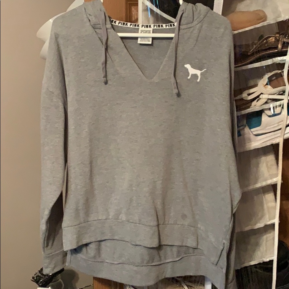 gray, long sleeve hooded pullover